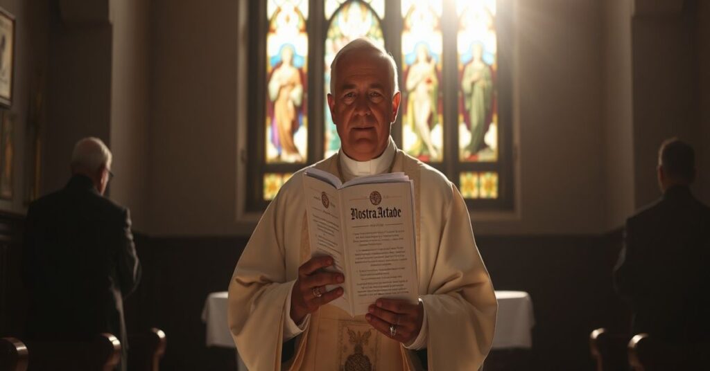 Solemny wnętrze tradycyjnego kościoła katolickiego z kapłanem w ornacie liturgicznym stojącym przy ołtarzu, z witrażem przedstawiającym Baranka Bożego. Scena jest nasłoneczna naturalnym światłem, tworząc atmosferę powagi i świętości.