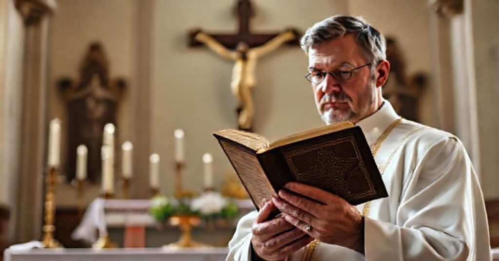 Tradycyjny katolicki kapłan w sanktuarium przed Soborem, trzymający łaciński brewiarz i krucyfiks na tle ołtarza z monstrancją.