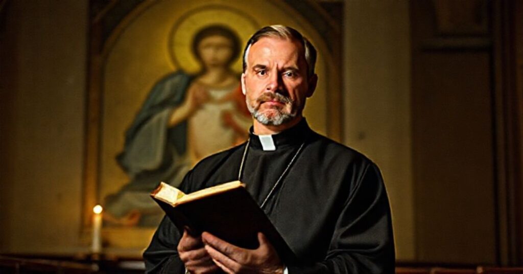 Kapłan w tradycyjnym stroju duchownym stoi w ciemnym kościele przy świecy i zamkniętej biblii