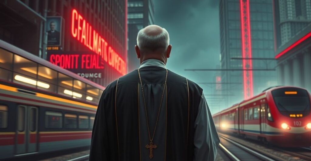 Kapłan w tradycyjnym stroju katolickim przed nowoczesną architekturą z neonami i pociągami, symbolizujący moralny upadek i wpływ technokracji