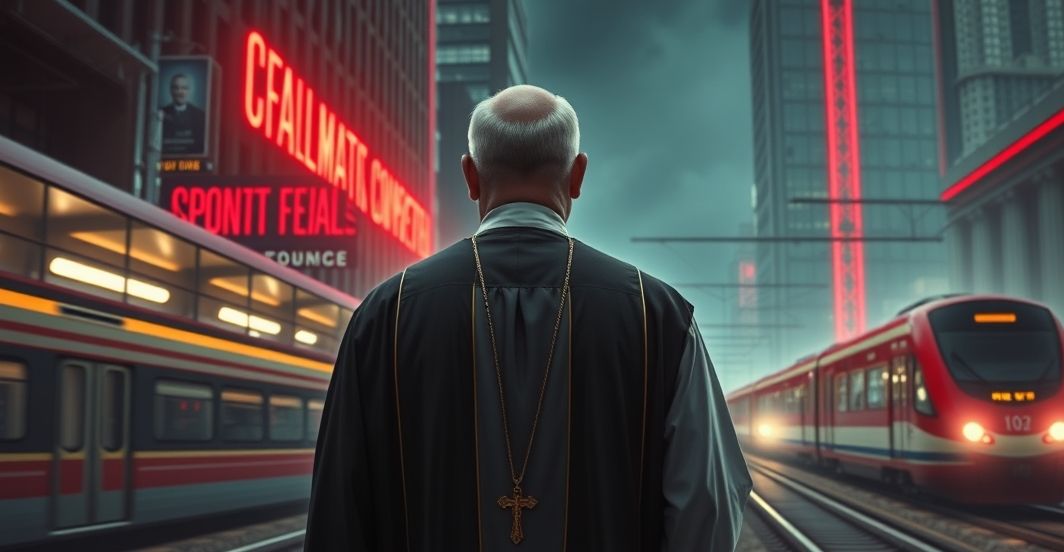 Kapłan w tradycyjnym stroju katolickim przed nowoczesną architekturą z neonami i pociągami, symbolizujący moralny upadek i wpływ technokracji