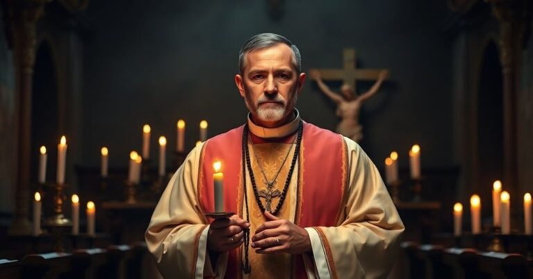 Sobieściowski kapłan w tradycyjnych szatach sakralnych stoi w kościele z różańcem w ręku, otoczony świetliskami świec. Tło przedstawia stare przedmioty kościelne i krzyż, symbolizując walkę z nowoczesnym okultyzmem.