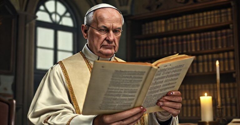 Tradycyjny kapłan w szatach liturgicznych trzyma stary rækopis łaciński, patrząc na nowy dokument Watykański o zmianie polityki językowej w Kurii Rzymskiej.