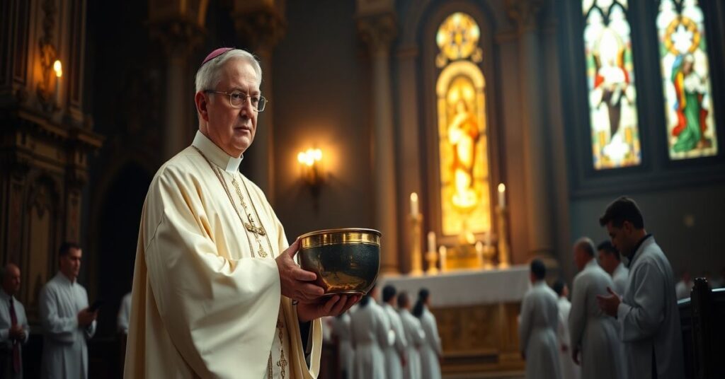 Kapłan w tradycyjnej szacie liturgicznej podczas Wielkiego Czwartku w kościele z monstrancją z Najświętszym Sakramentem; scenografię tworzą kapłani i ministranci podczas uroczystości.