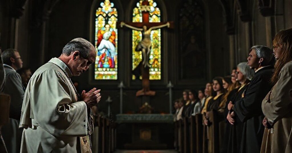 Kapłan w tradycyjnym habitach modli się przed krzyżem w starym koście z wiernymi w tle