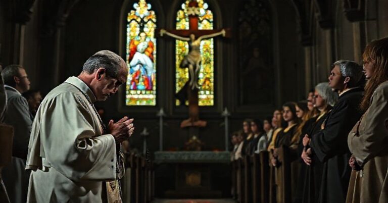 Kapłan w tradycyjnym habitach modli się przed krzyżem w starym koście z wiernymi w tle
