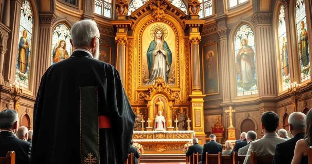 Realistyczny obraz starszego kapłana przed obrazem Matki Bożej Częstochowskiej w tradycyjnej świątyni katolickiej