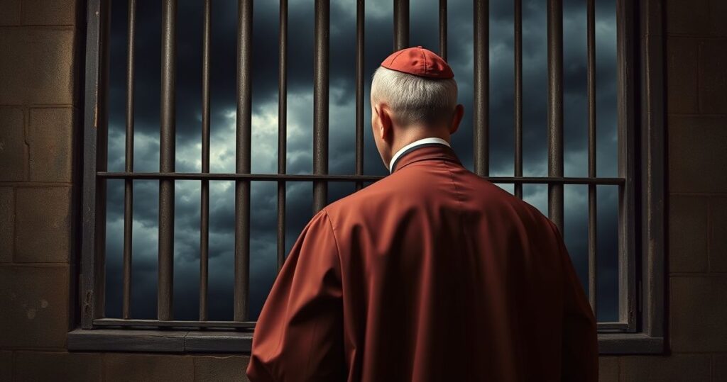 Kapłan w sutannie przed więzieniem, symbolizujący sprawiedliwość i moralność w kontekście krytyki systemu prawnego wobec moralnego porządku Bożego