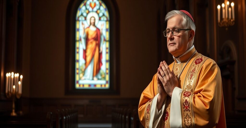 Prawosławny kapłan w tradycyjnych szatach modlących się przed witrażem przedstawiającym Chrystusa Króla w kaplicy.