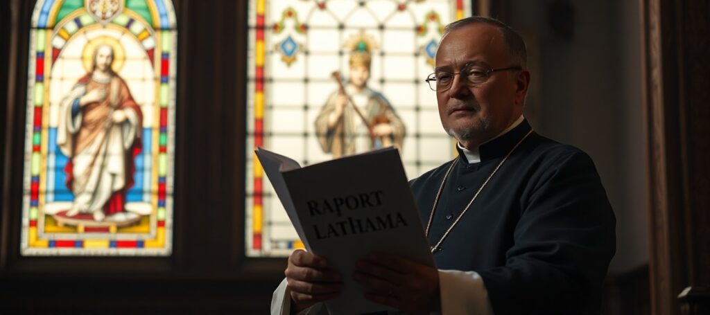 Kapłan w tradycyjnym stroju w kaplicy z witrażem przedstawiającym Chrystusa Króla, trzymający raport Lathama.