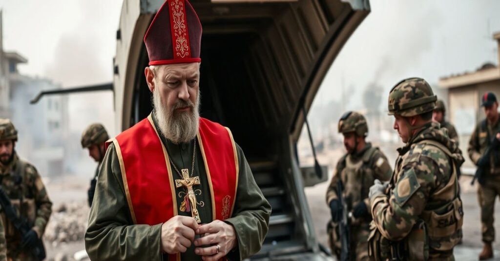 Obraz przedstawia kapelana wojskowego w tradycyjnych szatach, modlącego się z ewakuowanymi w wojennej strefie Bliskiego Wschodu.