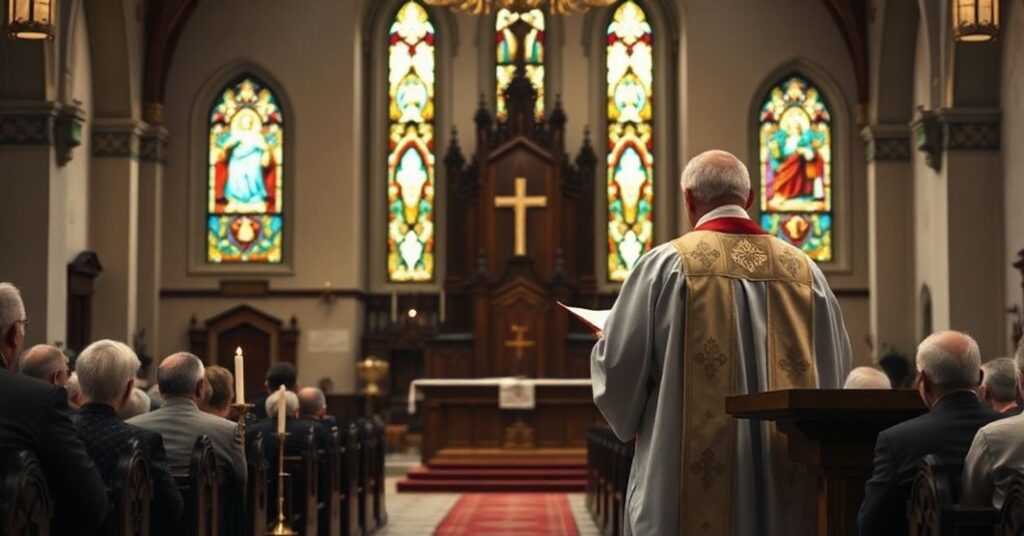 Wnętrze tradycyjnego kościoła katolickiego z ołtarzem i kapłanem wygłaszającym kazanie o herezjach współczesnych.