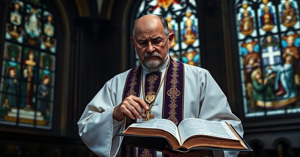 Pozorny kapłan katolicki w tradycyjnej szacie liturgicznej wskazuje na Biblię z wyraźnym wzruszeniem twarzy, symbolizującym oburzenie fałszowaniem Pisma Świętego