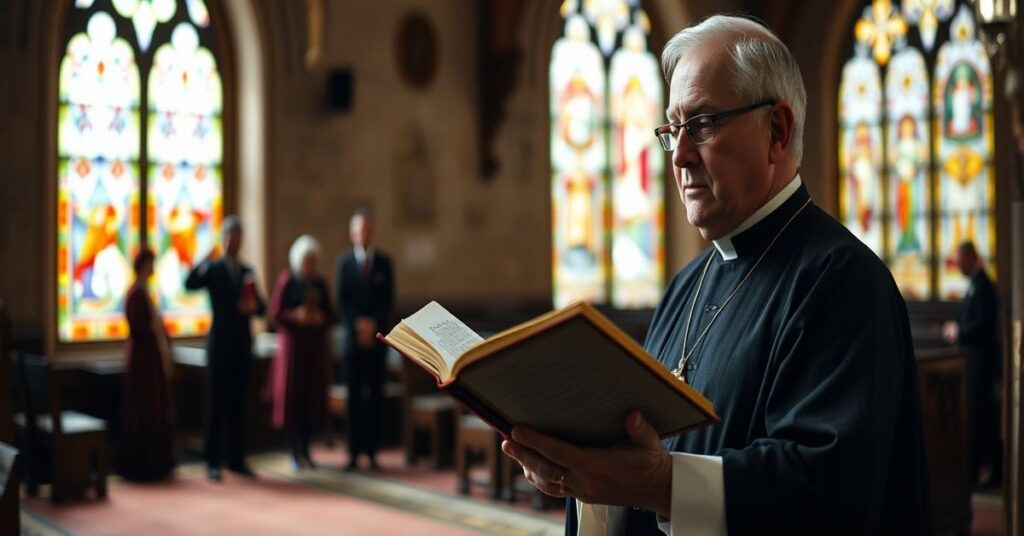Tradycyjny kapłan katolicki trzymający Biblię w kościele w kontrastowi z modernistami