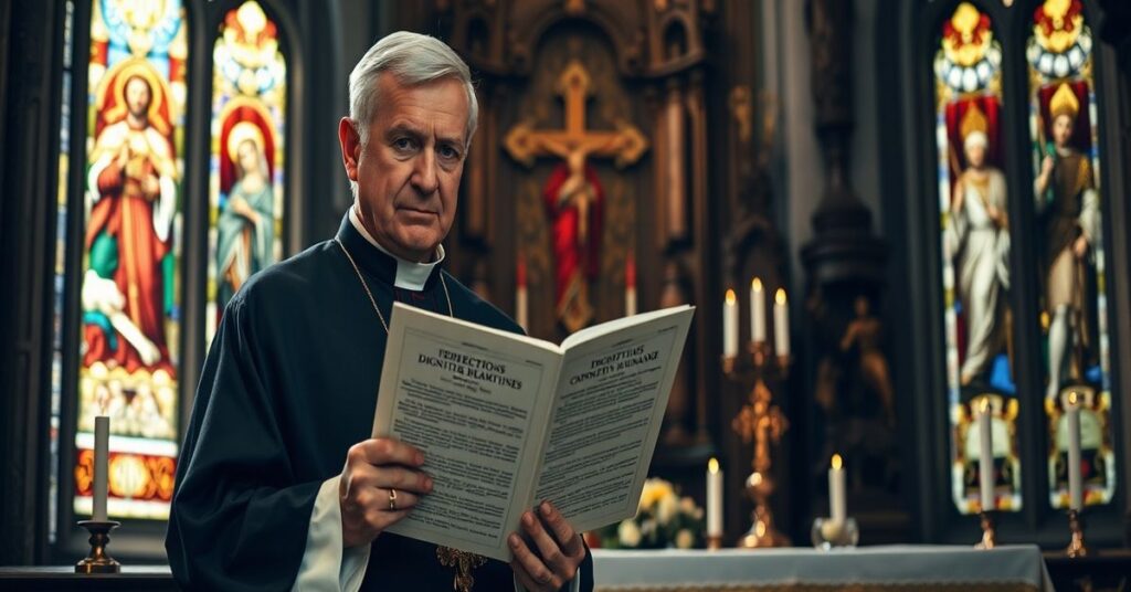 Tradycyjny katolicki kapłan w stroju liturgicznym stojący przed ołtarzem z dokumentem Dignitatis Humanae w ręku