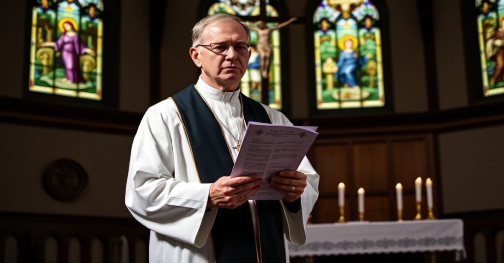 Tradycyjny kapłan katolicki trzyma dokument ekologiczny w kościele