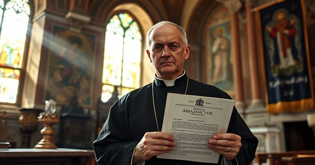 Tradycyjny kapłan katolicki w starym kościele z dokumentem o nominacji Mirosława Adamczyka