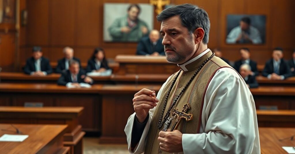 Poważny kapłan w tradycyjnych szatach liturgicznych stoi przed współczesnym sądem, trzymający krucyfiks i patrzący z troską na zastygłą scenę ataków na medyków. Tło przedstawia rozwiązłe figury legislatorów debatujących.