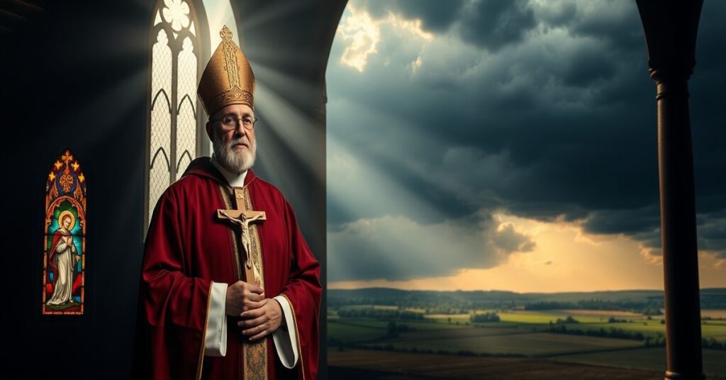 Kapłan w tradycyjnym strój liturgiczny trzyma krzyż w kościele z witrażami w tle.