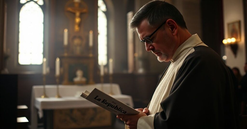 Priekład tradycyjnego katolickiego kapłana trzymającego list z wychwałą dla antykatolickiej gazety "La Repubblica" w przestronnym kościele
