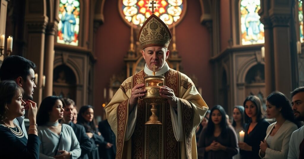 Tradycyjny kapłan katolicki w ornacie przed kościołem w Meksyku z monstrancją i wiernymi.