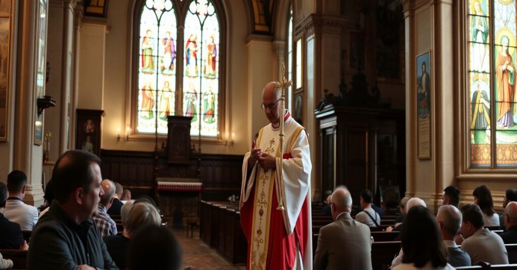 Kapłan w tradycyjnych szatach liturgicznych trzyma monstrancję z Najświętszym Sakramentem w historycznym kościele otoczony modlącymi się wierzącymi