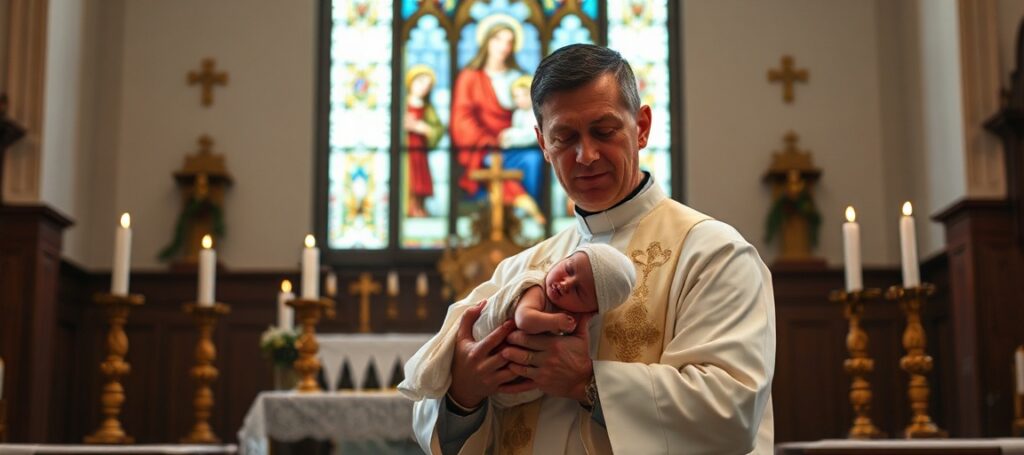 Święty moment w tradycyjnym kościele katolickim. Kapłan w liturgicznych szatach trzyma noworodka przed ołtarzem z świecami i krzyżami. Za nim witraż przedstawia Świętą Rodzinę. Scena jest oświetlona ciepłym, poważnym światłem podkreślającym świętość życia i ochronę niewinnych.