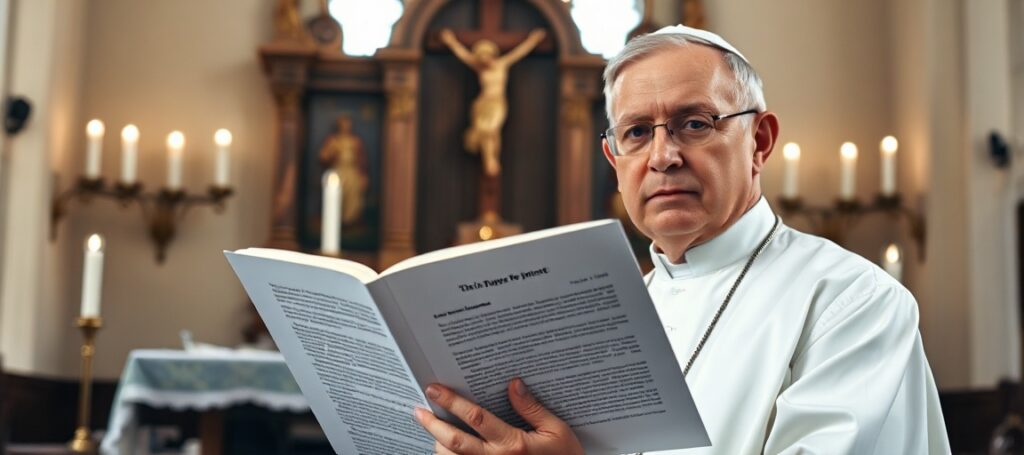 Tradycyjny kapłan katolicki w kaplicy z raportem synodalnym na temat homoseksualizmu