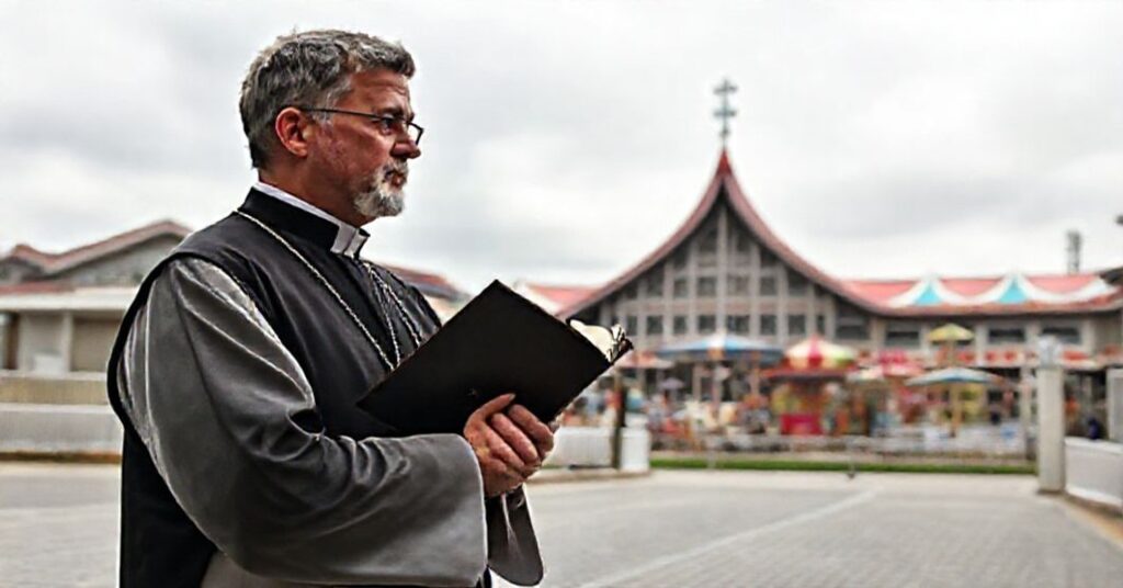 Kapłan w tradycyjnych szatach kościła stoi przy wejściu do nowoczesnego kompleksu turystycznego w Rucianem-Nidzie, trzymając zamkniętą Biblię i patrząc z troskliwym wyrazem twarzy na pobliskie atrakcje rozrywkowe.