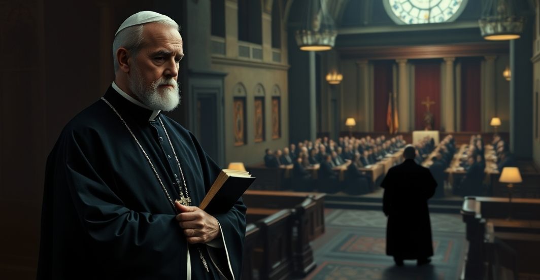 Ciemne, poważne zdjęcie tradycyjnego kapłana katolickiego w sanktuarium, wyrażającego zaniepokojenie wobec ekumenizmu, z widokiem konferencji na tle.