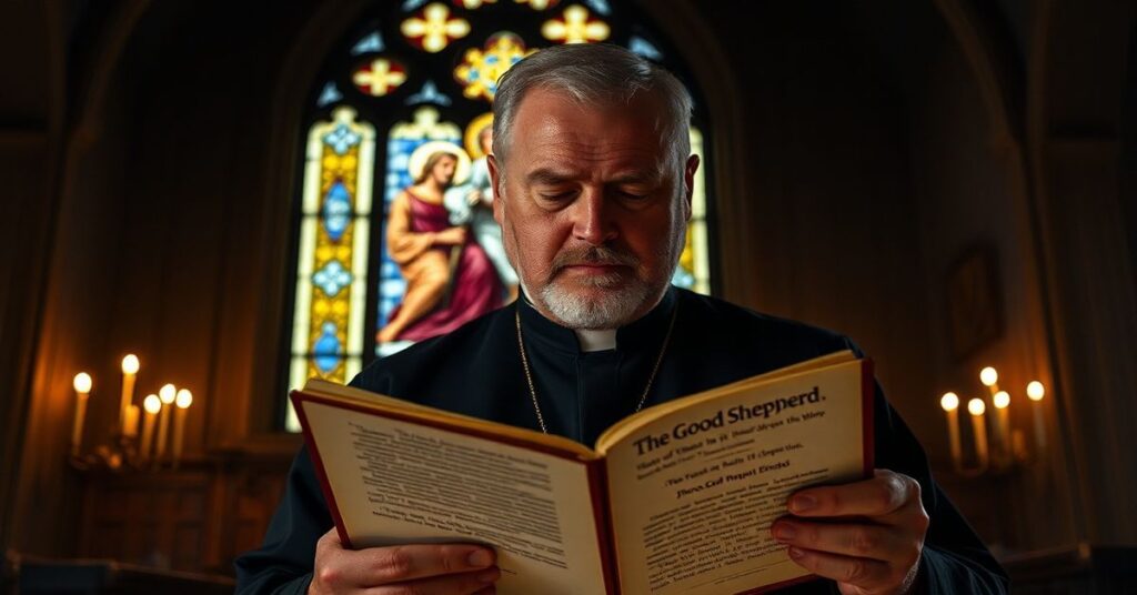 Tradycyjnie ubrany kapłan siedzący w starym kościele przy otwartym Pismie Świętym z fragmentem Ewangelii św. Jana o Dobrym Pasterzu.