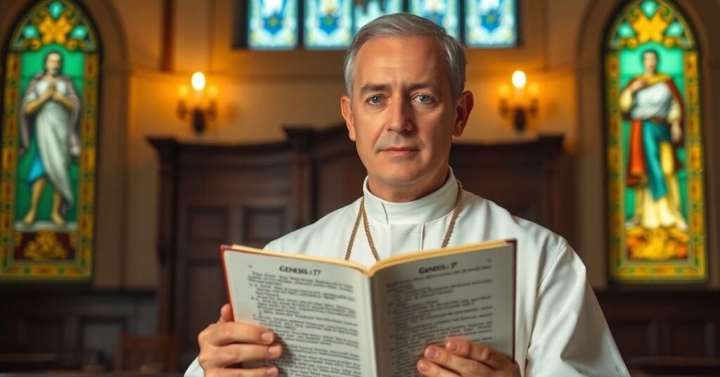 Katolicki kapłan w kaplicy z Biblią otwartą na Księdze Rodzaju 1:27