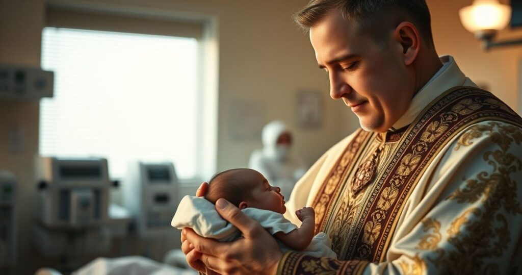 Reverentna scena katolickiego kapłana błogosławiącego noworodka w szpitalu, ukazująca świętość życia od poczęcia