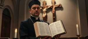 Kapłan katolicki w tradycyjnym stroju liturgicznym trzymający otwartą Wulgatę Vulgate z tekstem 1 Tesaloniczan 5,1-11 w barokowej kaplicy podczas nabożeństwa - obraz krytyki modernistycznej egzegezy na portalu eKAI