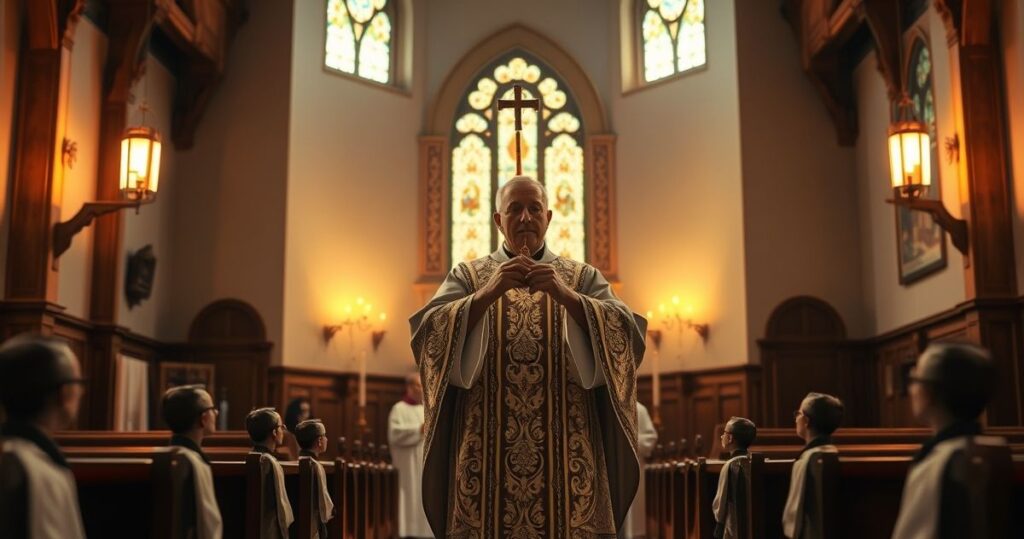 Fotorealistyczne zdjęcie kapłana w tradycyjnym stroju odprawiającego Eucharystię w świątyni, ukierunkowane na szacunek i kult Boga, z podkreśleniem sakralności i modlitewnej atmosfery.