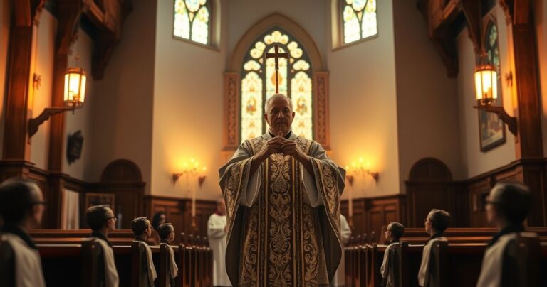 Fotorealistyczne zdjęcie kapłana w tradycyjnym stroju odprawiającego Eucharystię w świątyni, ukierunkowane na szacunek i kult Boga, z podkreśleniem sakralności i modlitewnej atmosfery.