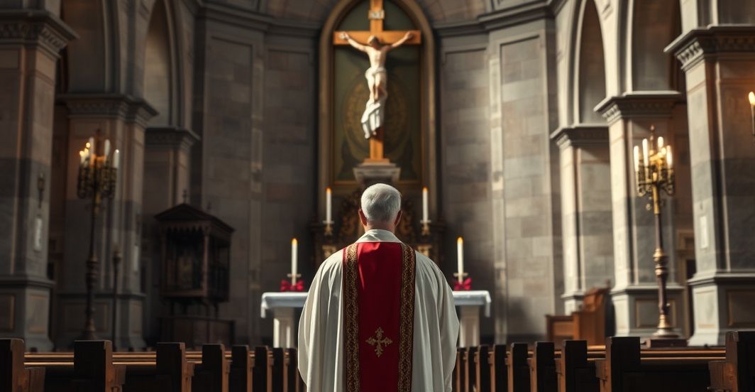 Ksiądz w tradycyjnej szacie w kościele, modlący się przed krucyfiksem, symbol pokory wobec Chrystusa Króla