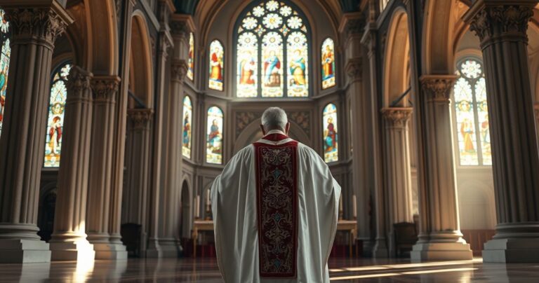 Tradycyjny katolicki kapłan modlący się przed Najświętszym Sakramentem w bogato zdobionym kościele z klasyczną architekturą i witrażami, symbolizujący wiarę i godność modlitwy o uzdrowienie.