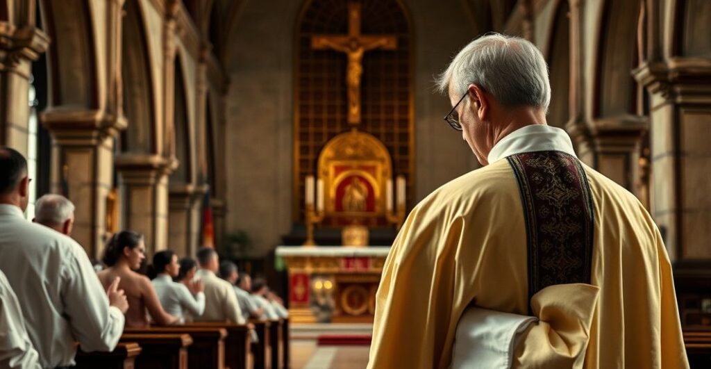 Kapłan w tradycyjnych szatach modli się w kościele, symbolizując wierne trwanie przy katolickiej wierze i krytykę modernistycznej rezygnacji z prawdy.