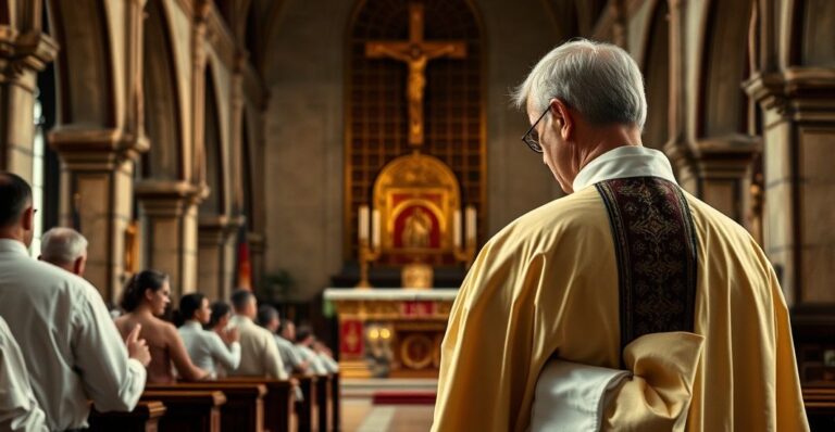 Kapłan w tradycyjnych szatach modli się w kościele, symbolizując wierne trwanie przy katolickiej wierze i krytykę modernistycznej rezygnacji z prawdy.