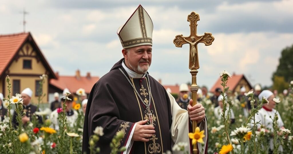 Zdjęcie katolickiego kapłana modlącego się w kaplicy, wyrażające głębię duchowości i refleksji nad królowaniem Chrystusa