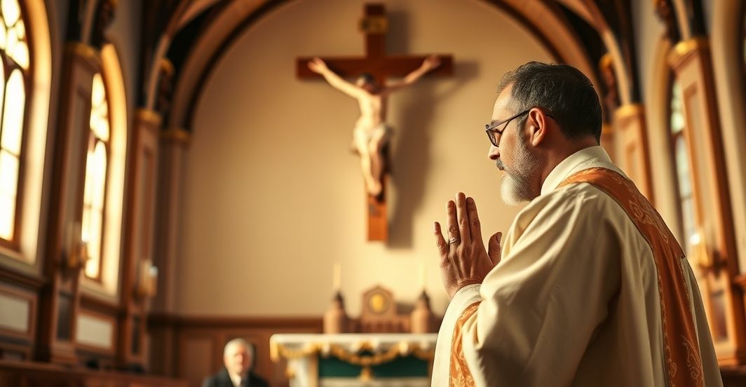 Kapłan modlący się w kościele, symbolizujący potrzebę prawdziwego pokoju opartego na wierze, z naciskiem na autorytet Chrystusa, a nie na technokratyczne rozwiązania