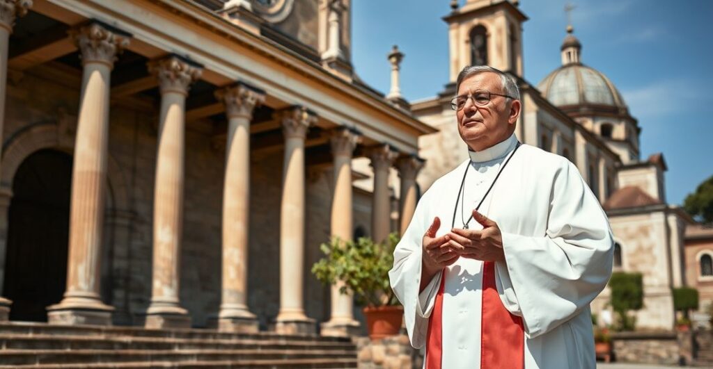 Fotografia realistyczna kapłana katolickiego podczas modlitwy na rekolekcjach, ukazująca pobożność i tradycyjną duchowość bez nowoczesnych symboli