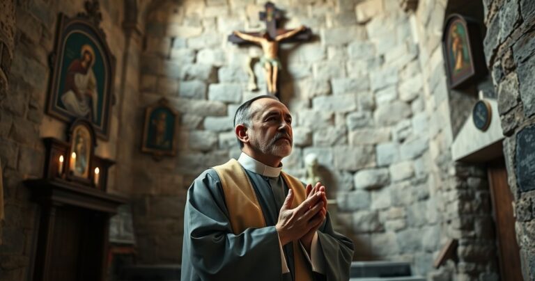 Kapłan w sutannie modlący się w tradycyjnej katolickiej kaplicy, emanacja pobożności i szacunku wobec Boga, realistyczne i wysokiej jakości zdjęcie.