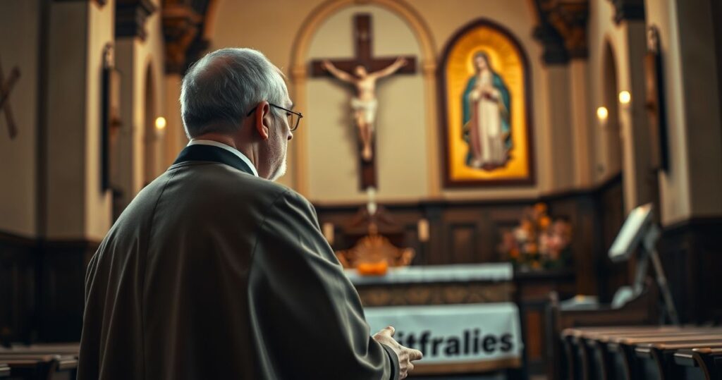 Kapłan modlący się w kaplicy, ukazujący głębię duchowości i pokory w katolickim kontekście