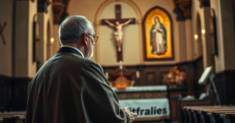 Kapłan modlący się w kaplicy, ukazujący głębię duchowości i pokory w katolickim kontekście