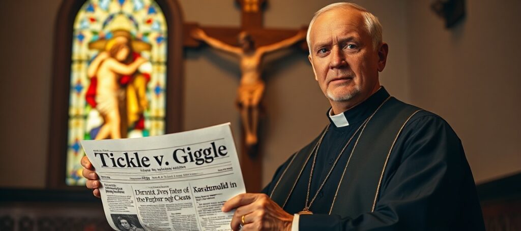 Priest holding newspaper z tytułem 'Sąd w sprawie Tickle v. Giggle: Ideologia gender zwyciężyła nad prawem naturalnym'