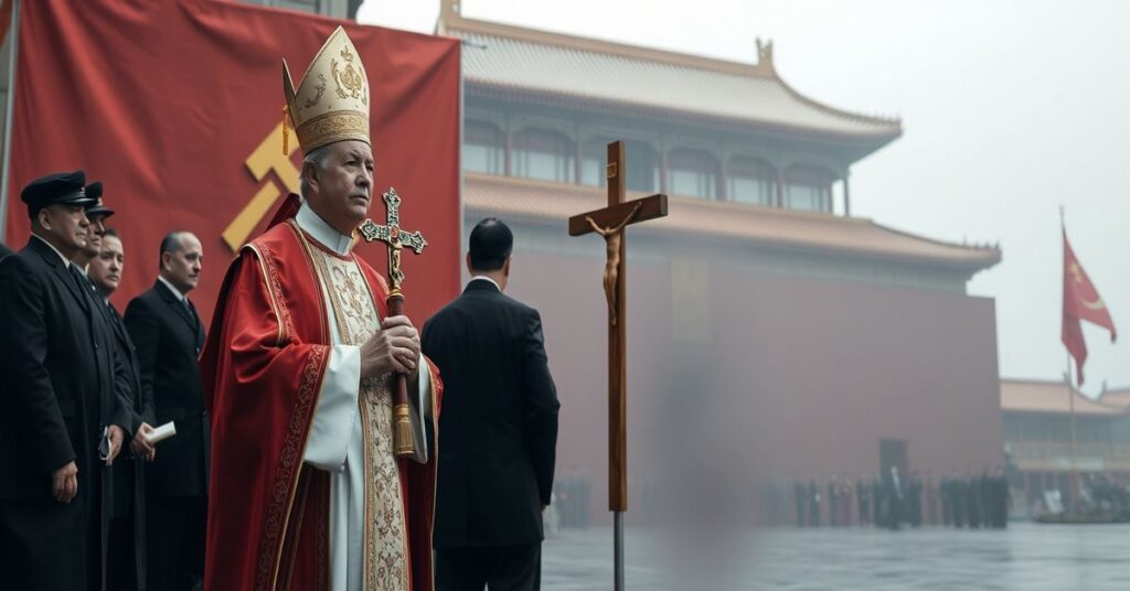 Zdjęcie przedstawiające tradycyjnego katolickiego kapłana w pełnym habicie liturgicznym stojącego przed bramami Pekinu w Chinach. Tło ukazuje kontrast między światem sakralnym a świeckim z komunistycznymi urzędnikami w ciemnych garniturach.
