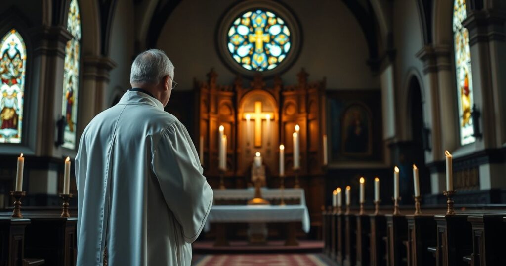 Realistyczny obraz kapłana w tradycyjnym stroju w wnętrzu kościoła, symbolizujący wierność wierze i powagę kapłaństwa