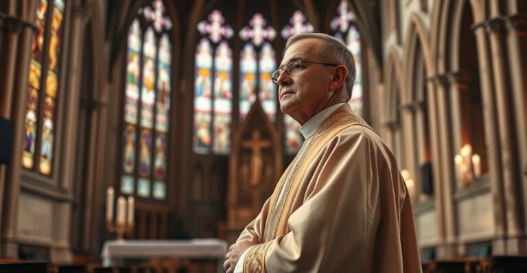 Kapłan katolicki w tradycyjnym kościele, wyraz powagi i głębokiej wiary, symbolizujący odrzucenie modernistycznej herezji
